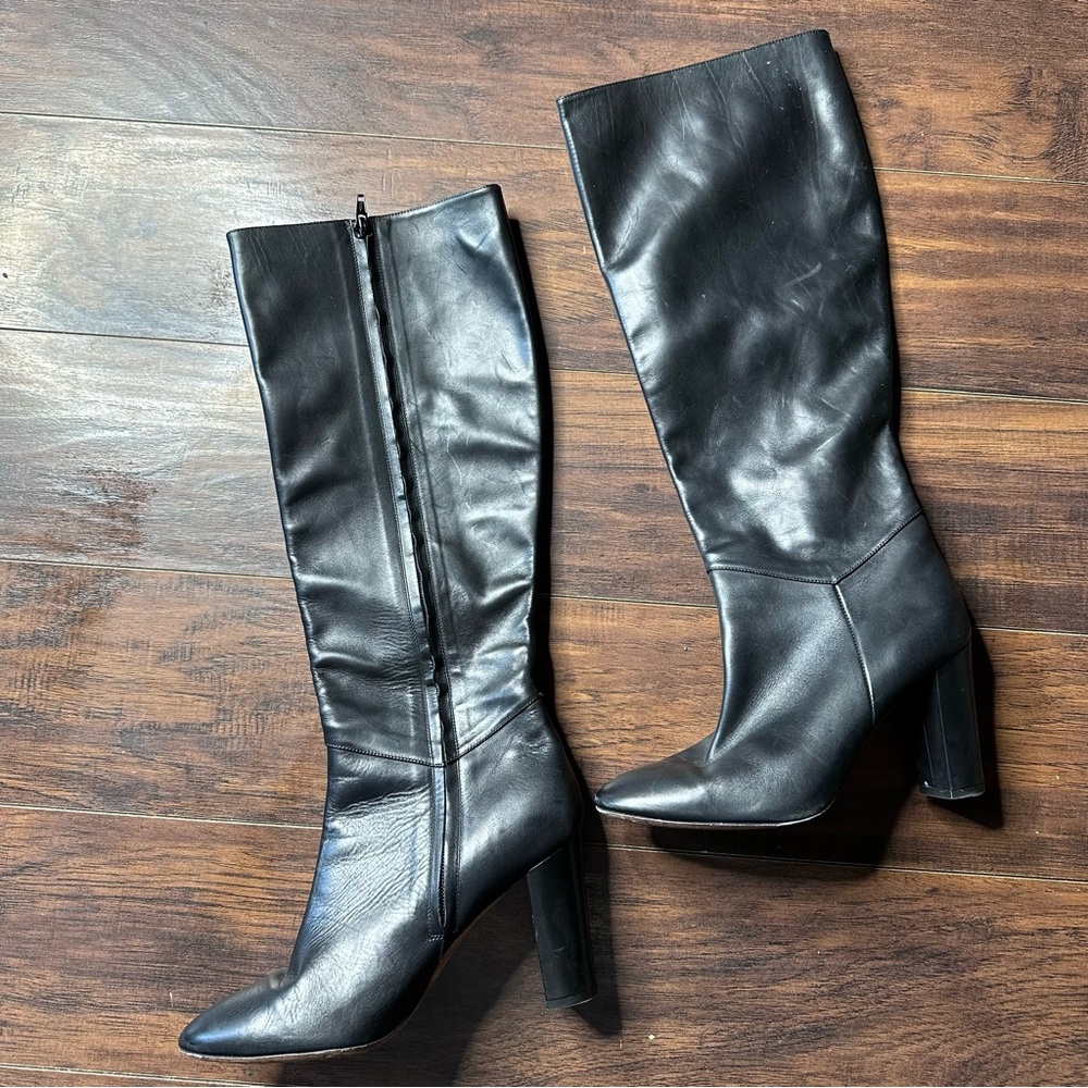 Vince Pilar 98MM Knee High Block Heel Black Leather Boots - Picture 2 of 5